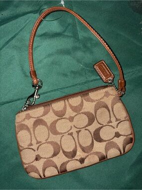 Coach Brown Signature Canvas Wristlet with Leather Strap